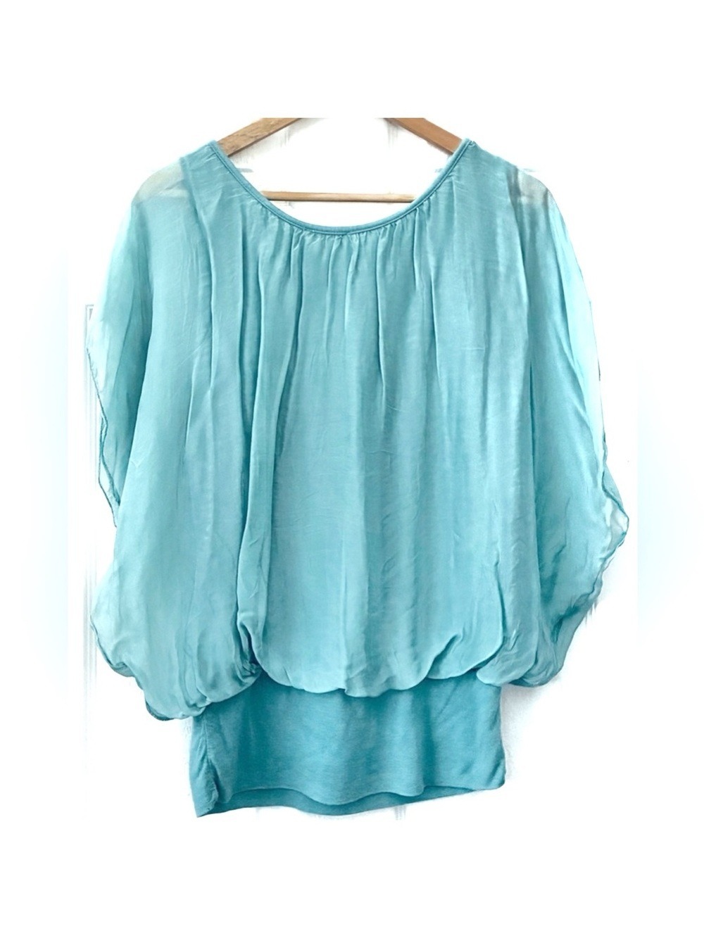 GIUSY Italy Teal/Aqua Blue Silk Blend Airy Bubble Hem Top Women’s Large - Picture 2 of 7